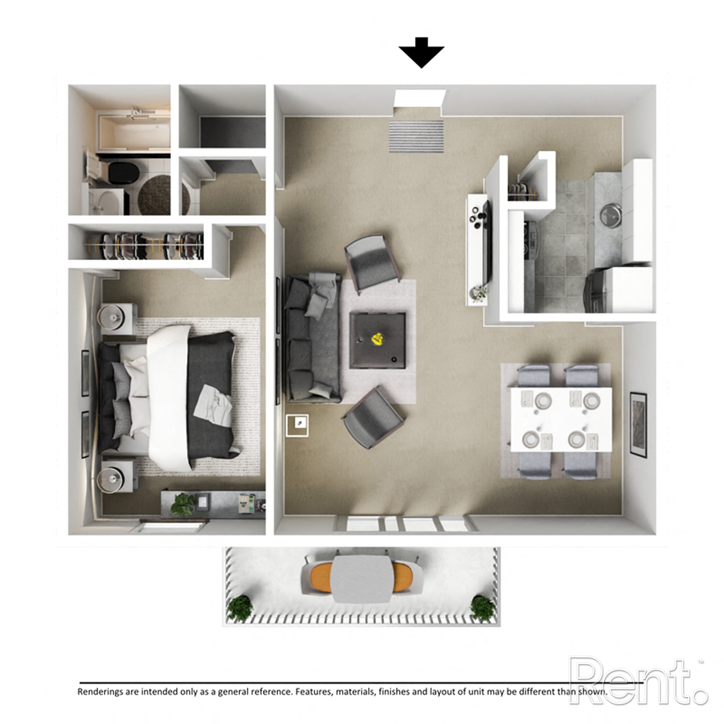 Floor plan for 1 bed, 1 bath, 750 sqft
